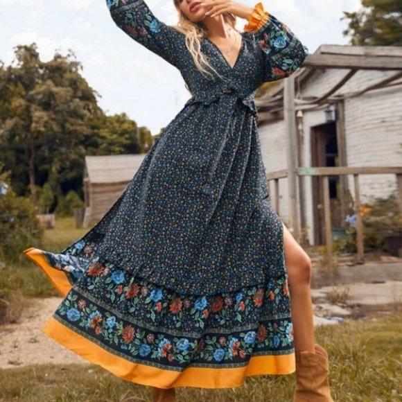 Boho blue Ditsy Floral Flounce long Sleeve Split Thigh Maxi Cottagecore Dress - Picture 1 of 6